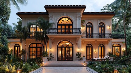 Luxurious estate with classic architecture and lush landscaping, featuring grand arched windows and elegant balconies at dusk.