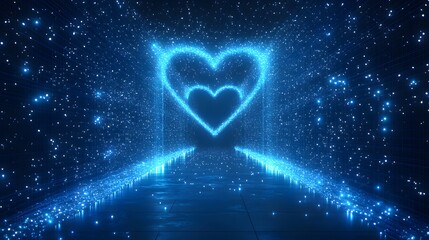 Futuristic digital art showcases interconnectedness. Blue particles converge on two heart shapes, symbolizing love in a technological world. Evokes connection. Abstract wireframe in dark blue.