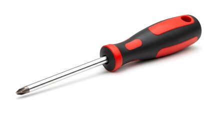A close-up photograph of a standard Phillips head screwdriver, isolated on a clean white background. 