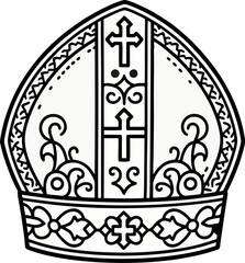 Hand-Drawn Black and White Pope Mitre Vector – Line Art Illustration of Catholic Bishop Hat with Cross Ornaments