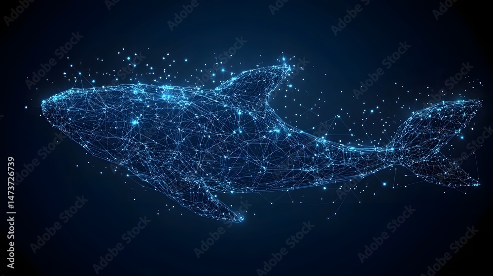 Aufkleber Futuristic whale depiction using interconnected blue lines and glowing dots. The dark blue background enhances the digital, abstract feel. Captivating imagery with Abstract wireframe in dark blue