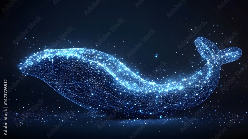 Poster Luminous whale swims through a starry expanse. Abstract wireframe design creates a sense of wonder. Perfect for tech, space, or nature themes. Abstract wireframe in dark blue