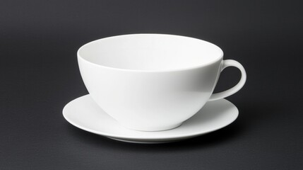 A white coffee cup and saucer on a black background.
