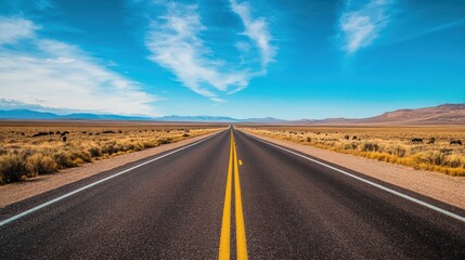 Endless highway through a serene desert landscape under a vast blue sky