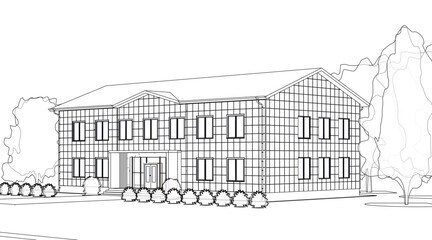 Perspective view of the office building. 3d vector illustration isolated on white background.