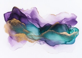 Abstract fluid art with flowing purple, teal, and gold hues
