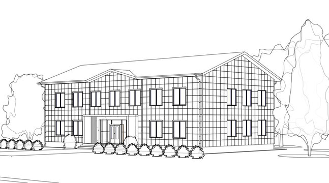 Perspective view of the office building. 3d vector illustration isolated on white background.