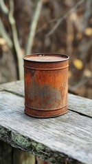 Fototapeta premium Rusty metal container sits on weathered wood.