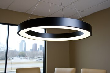 Modern circular pendant light illuminating a conference room