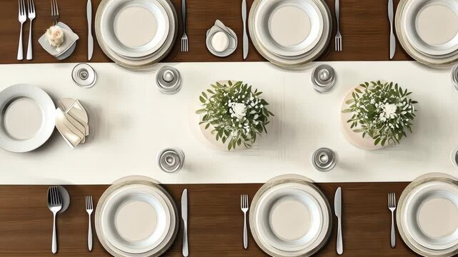 A modern dining table set with white plates, silver cutlery, and a linen table runner