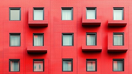 Fototapeta premium Red building facade with repeating windows and balconies