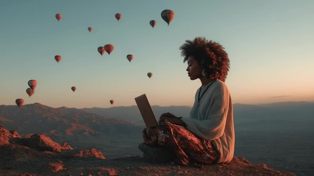 Young freelancer woman is working on a laptop sitting on a mountain peak in cappadocia at sunset with hot air balloons flying in the background