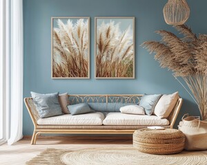 Bohemian living room with pampas grass art