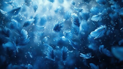 Obraz premium Azure feathers float gently to the ground, shed from the wings of an unseen bird in flight, a fleeting trace of a creature soaring through the sky