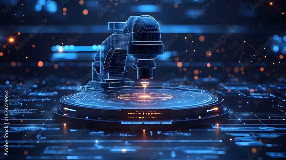 Poster futuristic microscope illustration showcasing scientific exploration and technological advancement. 