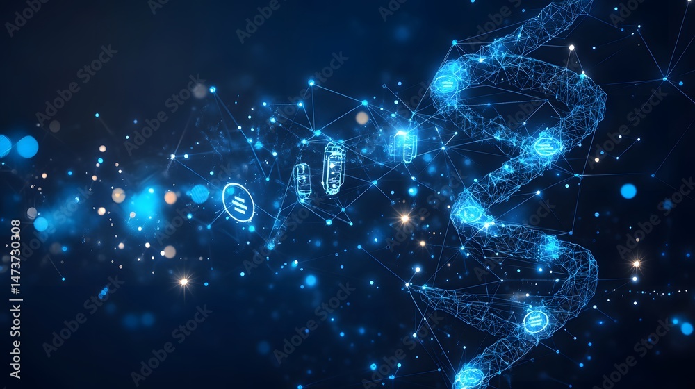 Fototapete Futuristic abstract design featuring a DNA double helix wireframe in blue, set against a dark backdrop with bokeh lights. Menu icons and cylindrical shapes add depth. Abstract wireframe in dark blue.