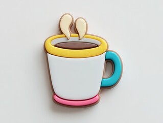 Playful 3D-rendered coffee mug with yellow rim and blue handle, pink accent ring at base, steam wisps rising against minimalist white backdrop.