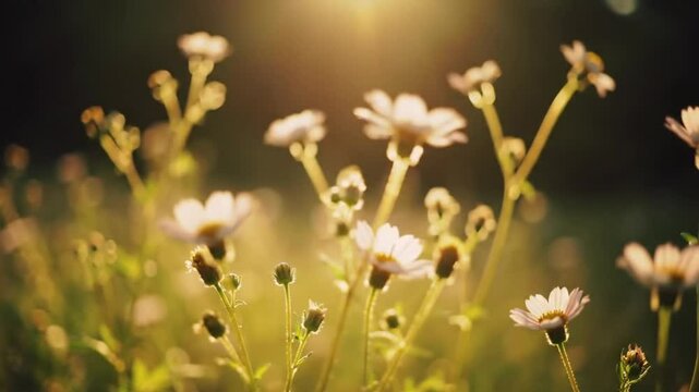Daisies sway gently in a field illuminated by the soft, warm light of the setting sun