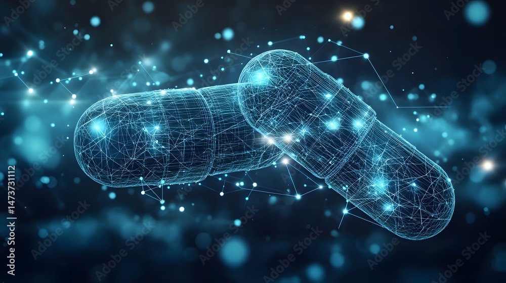 Fototapete Futuristic capsules glow in the digital darkness, connected by a complex web. Abstract wireframe design evokes science and technology. Blurred bokeh adds depth. Abstract wireframe in dark blue