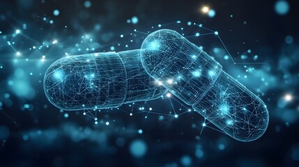 Futuristic capsules glow in the digital darkness, connected by a complex web. Abstract wireframe design evokes science and technology. Blurred bokeh adds depth. Abstract wireframe in dark blue