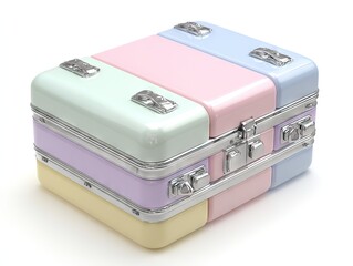 Four pastel storage boxes in mint, blush, sky blue, and lemon, metallic silver latches aligning in symmetrical grid on pristine backdrop.
