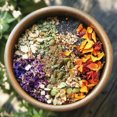 Colorful, layered breakfast bowl with various seeds, nuts, and petals