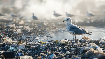 Fototapeta premium A Lone Seagull Amidst the Rubbish: A Haunting Scene of Environmental Pollution