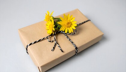 Obraz premium Gift box wrapped with natural brown paper and black-white string, decorated with yellow flowers