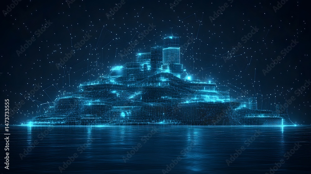 Leinwandbilder futuristic digital cityscape reflecting in water. glowing blue lines connect buildings under a star-