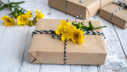 Fototapeta premium Gift box wrapped with natural brown paper and black-white string, decorated with yellow flowers