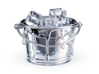 Sleek silver ice bucket with crystalline ice cubes, condensation droplets cascading on minimalist white background.