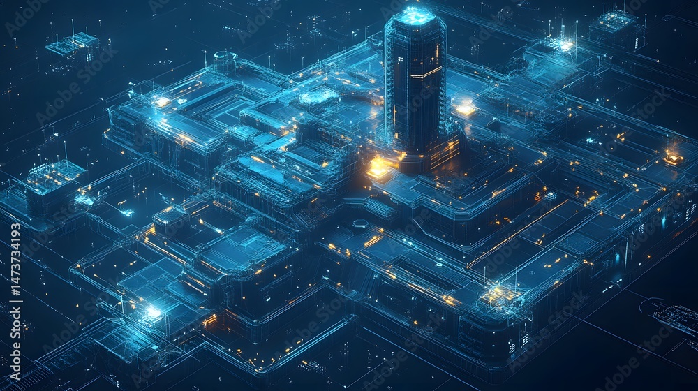 Leinwandbilder Futuristic cityscape with glowing blue towers and intricate networks, showcasing advanced technology and interconnected systems. Abstract wireframe in dark blue.
