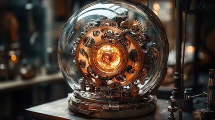 Bronze gears and intricate clockwork mechanisms are intertwined within a transparent sphere, powered by a pulsating ruby core Steam escapes from tiny vents