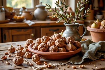 Rustic kitchen display of assorted nuts and decorative elements  