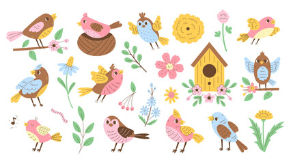Birds and Plants Set. Collection of hand drawn flying singing perching finch songbird sparrow birdhouse nest flower leaf branch. Seasonal vector illustration