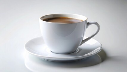 Elegant white coffee cup and saucer filled with coffee on a light background