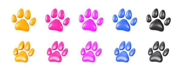 3d color paw print cartoon render icon set. Dog or cat foot print, wild animal footprint trace wolf, fox or bear, isolated design elements for veterinary clinic, grooming or pet store © marozhkastudio