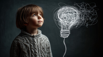 Kid inspiration innovation  with idea bulb representing creativity and imagination and problem solving intelligence in children