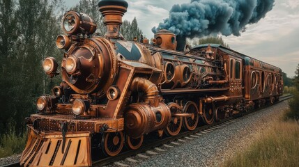 Naklejka premium Detailed steampunk train on a railroad track exudes vintage industrial elegance