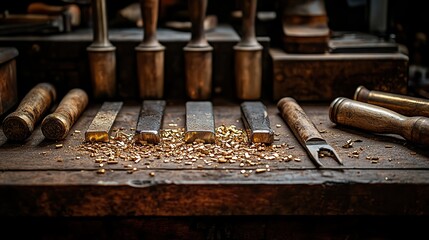 Bronze tools lie scattered on the workbench of a forgotten craftsman, each one bearing the marks of countless hours of skilled labor and dedication