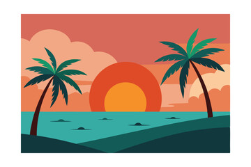 Fototapeta premium Sunset Over a Tropical Beach with Palm Trees Swaying