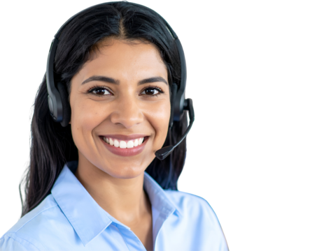 Smiling businesswoman with headset providing customer service on a call pictured against black backdrop representing support and communication channels 180 characters