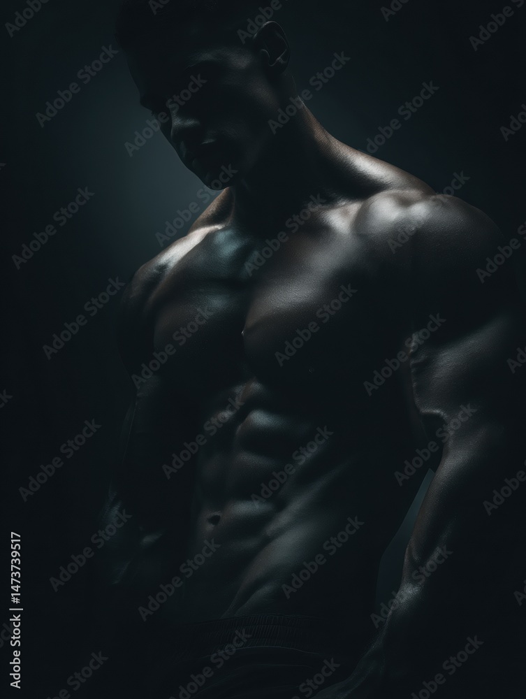 Poster muscular figure defined by shadows, illuminating bright areas in a dark setting during an evening wo
