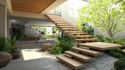 Fototapeta premium Modern open-plan home with wooden staircase, lush garden