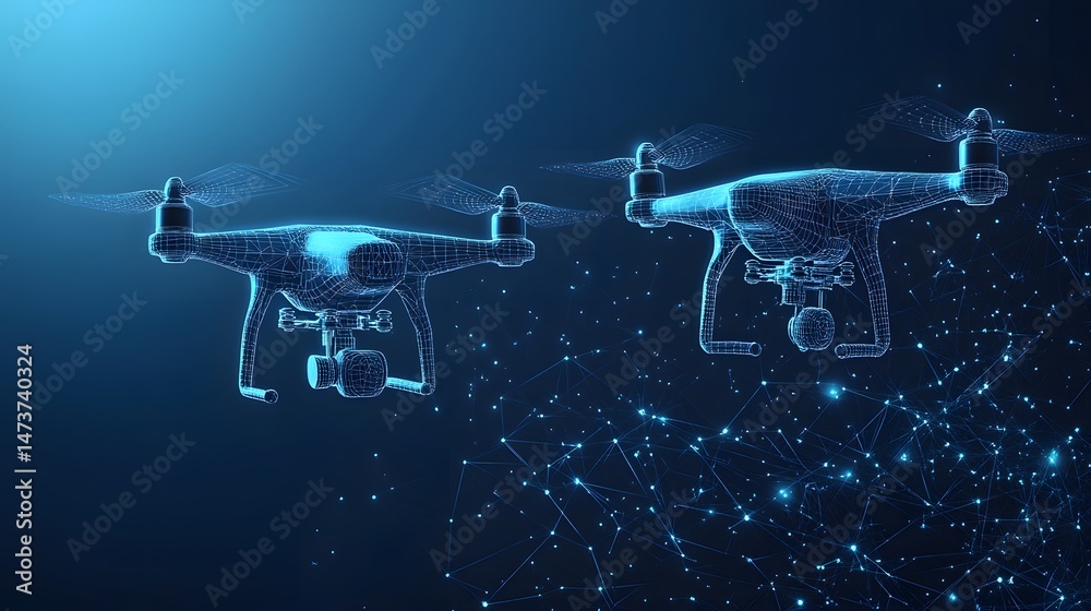 Fototapete futuristic wireframe drones hover against a dark blue backdrop. highlighting advanced technology and