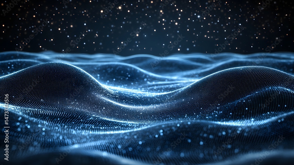 Aufkleber futuristic digital landscape featuring undulating blue particle waves against a star-filled expanse.