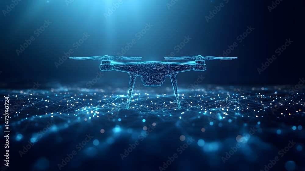 Poster futuristic drone illustration with interconnected blue lines against a dark blue background. represe
