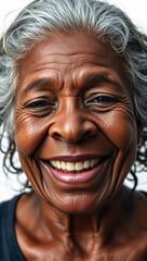 Vivid, emotional portrait of an elderly Black woman with wet textured hair, joyful expression, and deep authenticity. Ultra-realistic and rare microstock material.