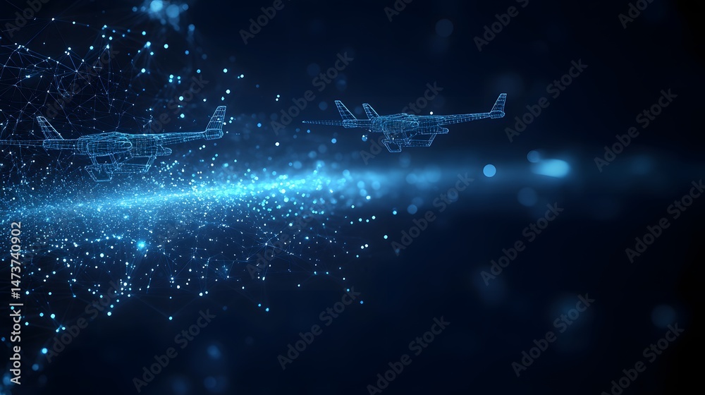 Poster two futuristic wireframe planes soar through a digital network, represented by glowing blue dots. th