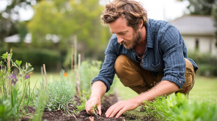 Fototapeta premium Young man working in the garden planting seeds plants. Green nature